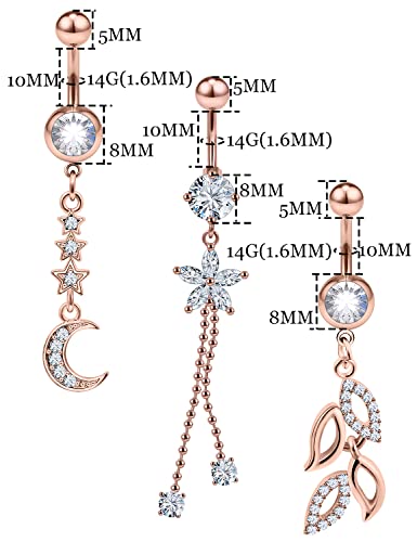 7PCS 14G 10mm Stainless Steel Dangle Belly Button Rings for Women Belly Piercing CZ Inlaid - style: Rose Gold