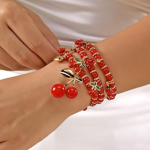 Red Cherry Beaded Bracelets Set for Women Stackable Layered Charm Bracelets Red Beaded Stretch Bracelet Cute Boho Statement Jewelry for Birthday Party Vacation Gift - color: 3PCS Set - Strawberry Cherry