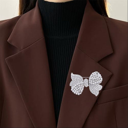 Bow Brooch with Pearl Rhinestone Sparkly Crystal Bowknot Pin for Women Party Jewelry for Bridal, Blouse, Scarf, or Hat Decoration
