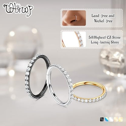 WBRWP 316L Stainless Steel Nose Hoop Rings Clicker with Zircon/Opal 14g-20g | Hypoallergenic Nose Rings Segment Clicker Lip Rings Cartilage Rook Conch Earrings Diameter 5mm-10mm - color: Gold ring with zircon -1pc Pack
