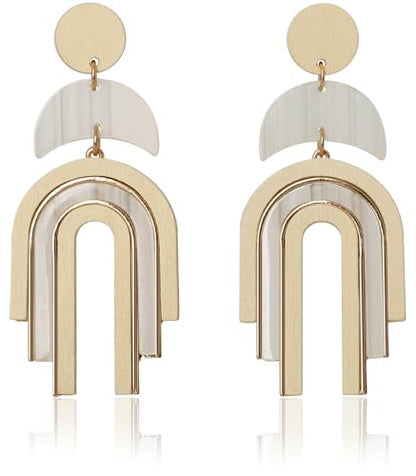 Ozel - Natural Wooden Acrylic Boho Drop Dangle Earrings for Women - Geometric Statement Jewellery - Brown, Black, Magent Red, Olive Green, White beige - color: Arch_White beige