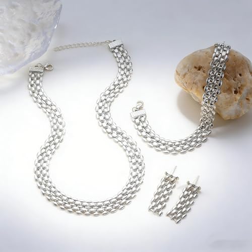 Chunky Gold Jewelry Sets for Women 14K Gold Plated Necklace Earrings Bracelet Set Cuban Link Thick Choker Necklace Punk Statement Necklaces Earrings Bracelet Set Fashion Jewelry Gift for Women - color: Silver