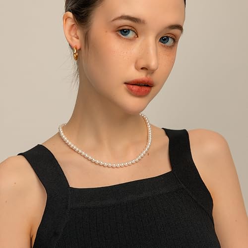 Pearl Necklace for Women Paperclip Chain Chunky Gold Necklace, Freshwater Cultured Pearls Trendy Link Chain 18K Gold Plated Dainty Pearl Choker - color: 6mm White Pearl Necklace