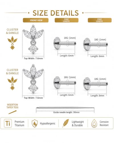 YACHY ASTM F136 G23 Titanium Flat Back Stud Earrings, Internally Threaded Screw-On Hypoallergenic Body Piercing Jewelry for Everyday Wear, Tragus Helix Conch Monroe Medusa Lip, 18G 6mm 8mm - color: Crystal Blossom--2pcs+2bar--Silver, size: 6mm+8mm