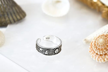 AeraVida .925 Sterling Silver Adjustable Toe Ring or Pinky Ring 5mm Wide Open Band, Stackable Minimalist Summer Foot Jewelry | Sun Moon Star Turtle Butterfly Leaf Olive Branch Ocean Wave Yin Yang Design - style: Celestial Sky 3