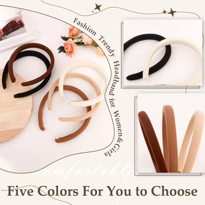 Aprince Padded Headbands for Women 5Pcs, Neutral Headband Non-slip, Thin Headbands with Soft Fabric, Comfortable Brown Headband, Head Bands for Women’s Hair, Plain Elastic Hairbands Fashion