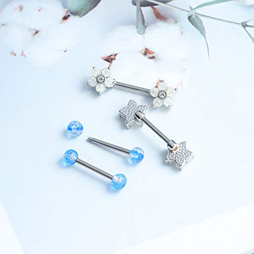14G Opal Flower CZ Nipple Barbell Nipple Ring Piercing Jewelry for Women - color: white blue
