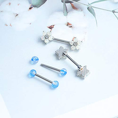 14G Opal Flower CZ Nipple Barbell Nipple Ring Piercing Jewelry for Women - color: white blue