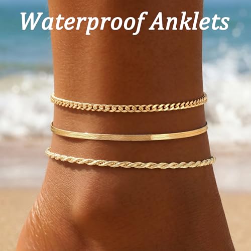 Waterproof Ankle Bracelets for Women,14k Gold Plated Hypoallergenic Layered Stackable herringbone Cuban Link Chain,Adjustable Beach Anklets Bracelets for Women Gift 3pc Sets - color: Gold