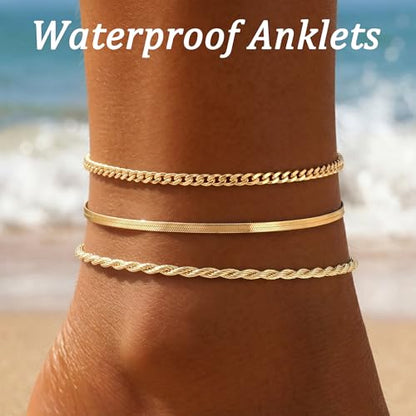 Waterproof Ankle Bracelets for Women,14k Gold Plated Hypoallergenic Layered Stackable herringbone Cuban Link Chain,Adjustable Beach Anklets Bracelets for Women Gift 3pc Sets - color: Gold