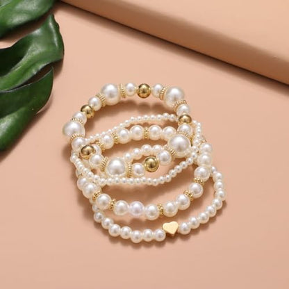 White Pearls Layered Stretch Bracelets Set For Women Simulated Pearl Stackable Stretch Multi layered Elastic Bracelets Jewelry