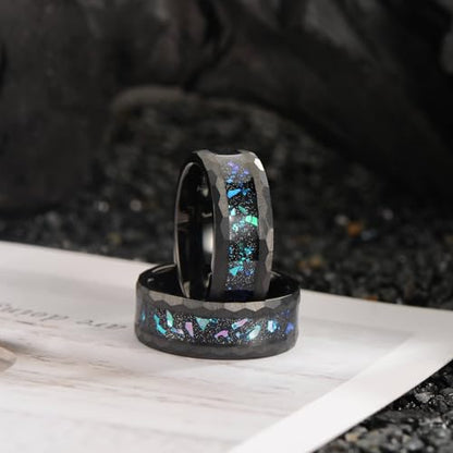 8mm Men's Tungsten Carbide Ring Gold/Black Hammered Meteorite Shavings Gold Foil Inlay Galaxy Nebula Green Opal Engagement Wedding Ring Matte Finish Comfortable Fit - color: 8mm tungsten black