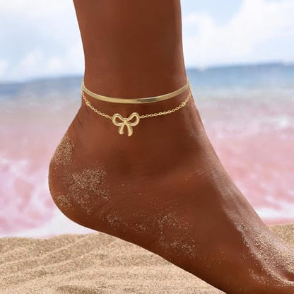 yueton Adjustable Gold Ankle Chain Stylish Double-Layer Ankle Bracelet with Cute Bow Pendant Dainty Beach Foot Jewelry for Women