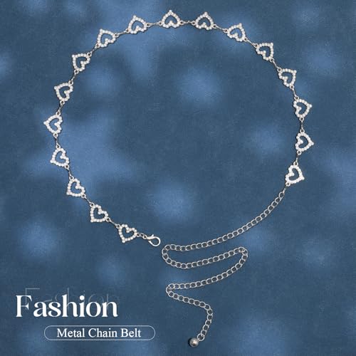 Chain Belt for Women Fashion Metal Waist Chain Belt for Dress Jeans - size: Fit Waist Up to 35'', style: Silver-heart