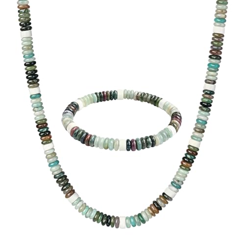 Beaded Necklaces for Women 3Pcs Colorful Boho Gemstone Bead Choker Summer Natural Stone Surfer Beach Bead Necklace Bracelets Earring Set Handmade Jewelry for Women Gift Jewelry Sets - color: 02-green