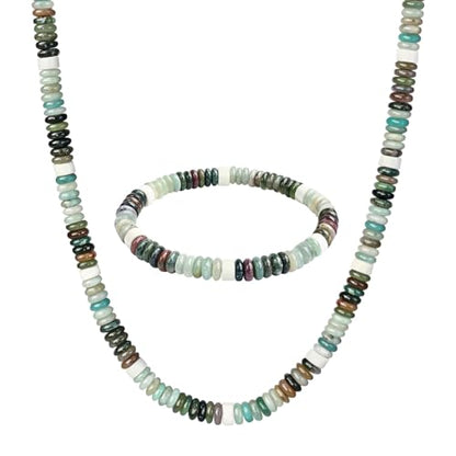 Beaded Necklaces for Women 3Pcs Colorful Boho Gemstone Bead Choker Summer Natural Stone Surfer Beach Bead Necklace Bracelets Earring Set Handmade Jewelry for Women Gift Jewelry Sets - color: 02-green