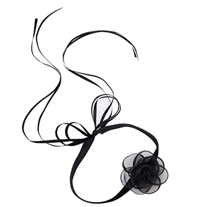 Black Choker Camellia Flower Lace-up Necklace For Women - color: BLACK