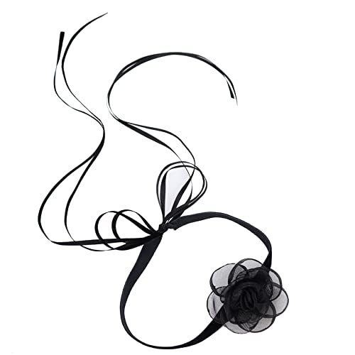 Black Choker Camellia Flower Lace-up Necklace For Women - color: BLACK