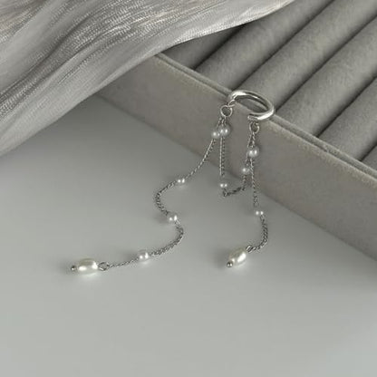 Heart Pearl Hoop Earrings Sliver Long Tassel Chain Huggie Hoop Earrings Pearl Beaded Drop Earring for Women Wedding Jewelry - color: pearl