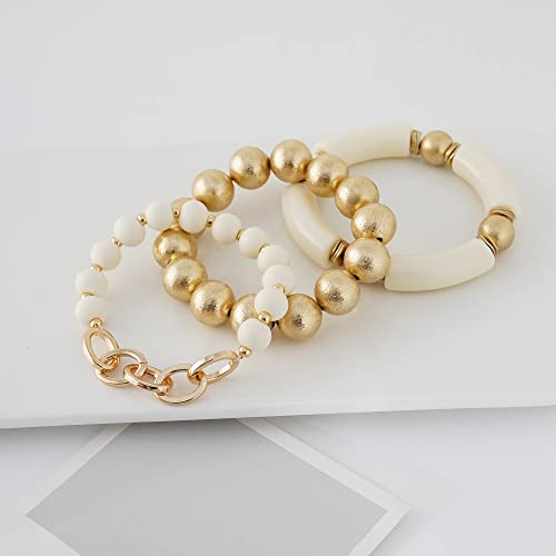 LALAPPLE Gold Plated Beaded Acrylic Bamboo Tube Bangle Bracelets for Women, Colorful Chunky Curved Tube With Gold Plated Pieces Beads Stretch Bracelet Friendship Summer Beach Jewelry - color: A-Ivory-gold beaded 3pcs