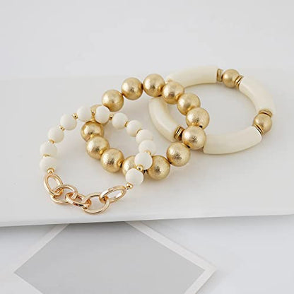 LALAPPLE Gold Plated Beaded Acrylic Bamboo Tube Bangle Bracelets for Women, Colorful Chunky Curved Tube With Gold Plated Pieces Beads Stretch Bracelet Friendship Summer Beach Jewelry - color: A-Ivory-gold beaded 3pcs