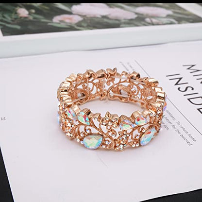 CSY Elegant Crystal Costume Jewelry Sets Flower Bridal Necklace Earrings Stretch Bangle Set for Bride Bridesmaid Wedding Dress Accessories - color: AB crystal-rose gold tone