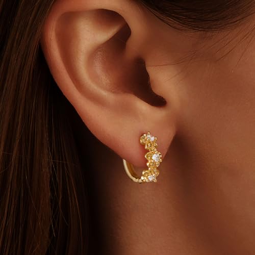 LLWOM Gold Huggie Earrings for Women-14k Gold/Silver/Rose/Black Plated Heart Hoop Earrings Hypoallergenic Lightweight Hoops Gifts - style: Flowers