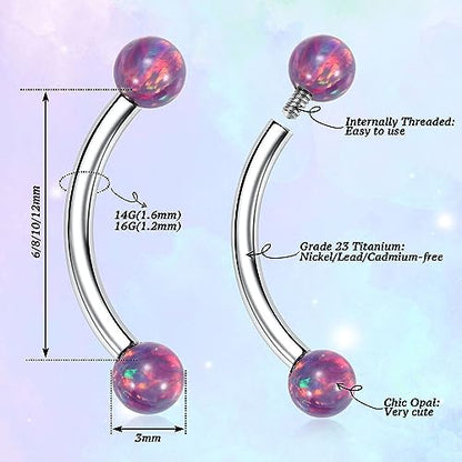 G23 Titanium Eyebrow Piercing Jewelry Eyebrow Rings Curved Barbell 16G Eyebrow Belly Button Ring Navel Rings Rook Daith Earrings Lip Ring Eyebrow Jewelry 6mm-12mm - color: 2PCS,Ball Shape Purple Opal,Silver
