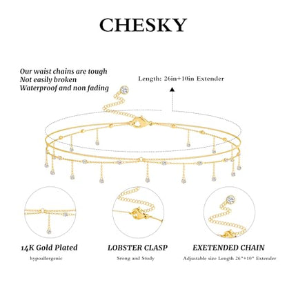 CHESKY Waist Beads for Women, Dainty 14k Gold Plated Waist Chain Beach Accessories Cute Belly Chain Body Chain Gold Chain Belts for Women Summer Beach Jewelry for Womens Gifts Rave Outfits for Womens - style: CZ cuban-gold