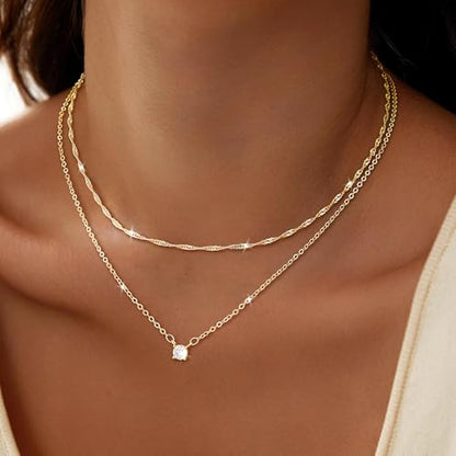 Dainty 14K Gold Plated/Silver Cubic Zirconia Diamond Necklaces for Women,Simple CZ Layered Gold Silver Necklaces Stack Trendy Jewelry Gifts - style: Layered Chain CZ-Gold