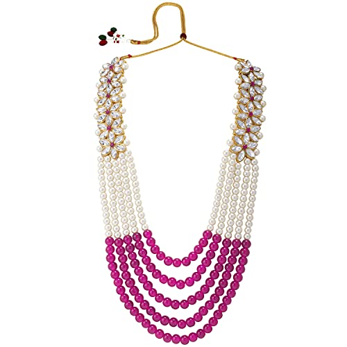 Aheli Wedding Party Wear Bridal Jewellery Choker Long Pearl Necklace Earrings Maang Tikka Indian Traditional Set Gift for Women - color: Rani Pink-1