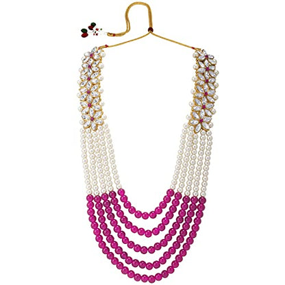 Aheli Wedding Party Wear Bridal Jewellery Choker Long Pearl Necklace Earrings Maang Tikka Indian Traditional Set Gift for Women - color: Rani Pink-1