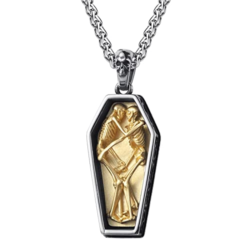 Skull Necklace for Men Stainless Steel Gothic Punk Emo Biker Necklace Jewelry for Men 60cm - style: Two-tone Coffin Skull