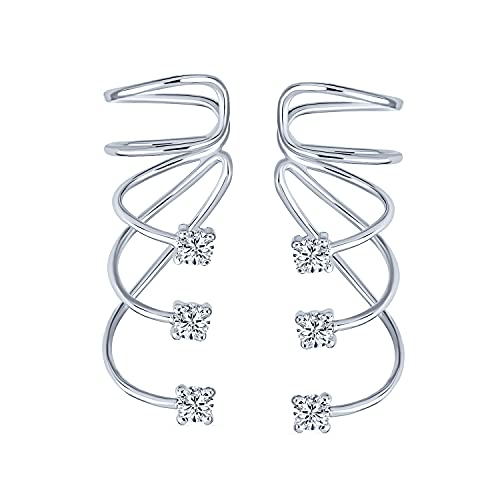 Triple Spiral CZ Curved Crawlers Wire Cubic Zirconia Cartilage Ear Cuff Pin Earring For Women Teen .925 Sterling Silver