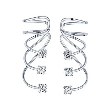 Triple Spiral CZ Curved Crawlers Wire Cubic Zirconia Cartilage Ear Cuff Pin Earring For Women Teen .925 Sterling Silver