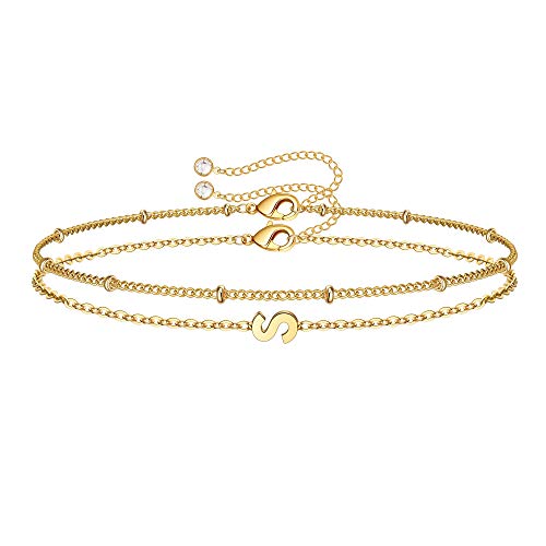 M MOOHAM Valentines Day Gifts for Her Women - Layered Initial Bracelets Gift Letter A-Z Charm, Dainty 14K Gold Plated Initial Bracelets for Women Teen Girls Birthday Jewelry Gifts - color: S