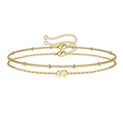 M MOOHAM Valentines Day Gifts for Her Women - Layered Initial Bracelets Gift Letter A-Z Charm, Dainty 14K Gold Plated Initial Bracelets for Women Teen Girls Birthday Jewelry Gifts - color: S