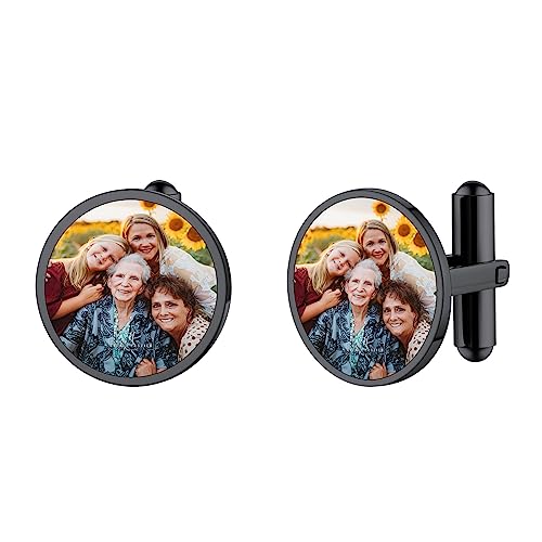 FindChic Stainless Steel Round Cufflinks with Custom Text/Picture/Monogram Letters 18K Gold Plated/Black Color for Men Groom Suits Shirts, with Gift Box - style: 02. custom photo-round (black)