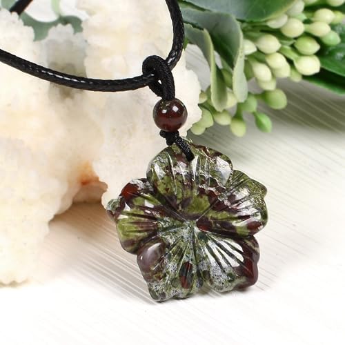 Justinstones Hand Carved Healing Crystals Gemstone Hawaii Flower Pendant Hand Weaving Wax Rope Necklace 22 inch - color: Dragon Blood Jasper