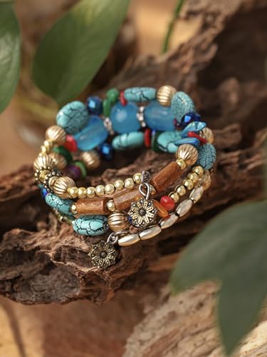 MINACHI Summer Boho Retro Style Multilayer Wrap Irregular Beads with Golden Flower Charm Bracelets, Blue Tone, Ethnic Jewelry for Women - style: Bracelet R17-015
