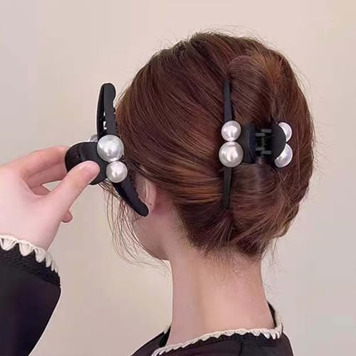 Pearl Claw Clips - Black Hair Bows - Pearl Bead Hair Clamps - Strong Hold Jaw Clip - Large Non Slip - Hair Clips for Thick & Long Hair - Fashion Hair Accessories - Jewelry for Women & Girls