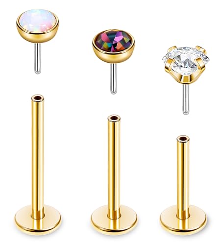 16G 18G 20G 3PCS G23 Titanium Push in Labret Monroe Stud Threadless Lip Ring Opal CZ Nose Stud Pure Titanium for Sensitive Skin Cartilage Helix Tragus Earrings Stud 6MM 8MM 10MM - style: 18G-Gold