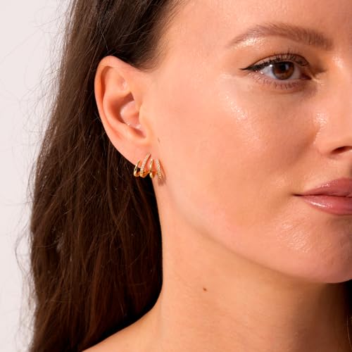Gold Triple Hoop Illusion Stud Earrings, 14K Chunky Gold Plated Hoop Earrings Cuff Earrings for Women Trendy, Hypoallergenic Earrings Set Jewelry Gift - color: Triple hoop earrings-claw