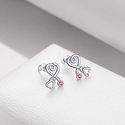 Stethoscope Earrings 925 Sterling Silver Heart Studs Earrings 12 Months Birthstone Crystals from Austria, Graduation Jewelry Gifts for Nurse Doctor RN Medical Student - color: Pink