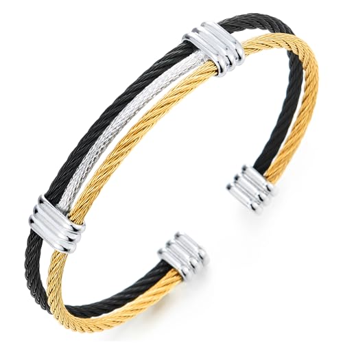 COOLSTEELANDBEYOND Men Women Stainless Steel Twisted Cable Adjustable Cuff Bangle Bracelet - color: N-Metal Color: Black & Gold & Silver