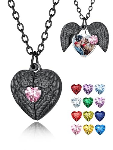 FindChic Locket Necklace for Women Custom Photo Memorial Gifts 4 Colors | Silver/Black/Rose Gold/Gold Plated Personalized for Loved Ones, Birthday Valentine's Day Keepsake - style: 04. Birthstone Style 1-Black