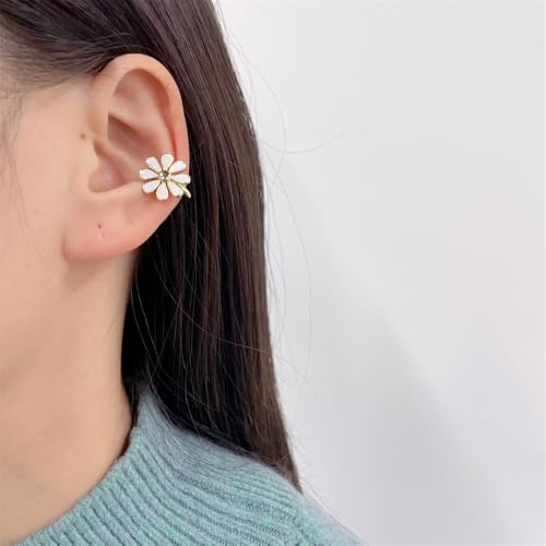 Cute Daisy Flower Ear Cuff Earring Cartilage Clip On Non Piercing Lovely Sweet 14K Gold Plated White/Pink Enamel Floral Fake Huggie Hoops Earrings for Women Hypoallergenic Fashion Trendy Jewelry Gifts 14*15mm - color: White