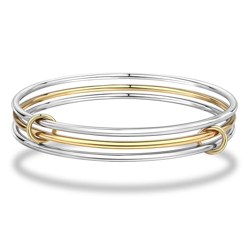 Stackable Bangles Bracelets for Women Two Tone Bracelet Stack | Stainless Steel Non Tarnish Gold and Silver Bracelet Set Mixed Metal Triple Interlocked Bangle Bracelets - size: Small