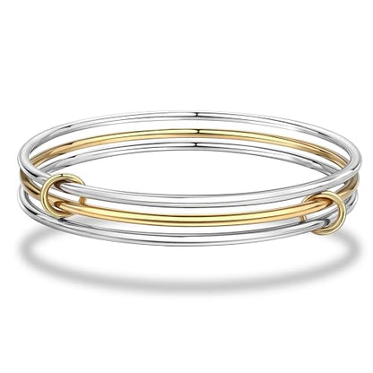 Stackable Bangles Bracelets for Women Two Tone Bracelet Stack | Stainless Steel Non Tarnish Gold and Silver Bracelet Set Mixed Metal Triple Interlocked Bangle Bracelets - size: Small