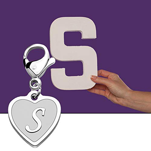 FAADBUK Initial Letter A-Z Alphabet Heart Charms for Jewelry Bracelet Keychain Necklace Initial Stainless steel Clasp Clip on Charm - color: intial S